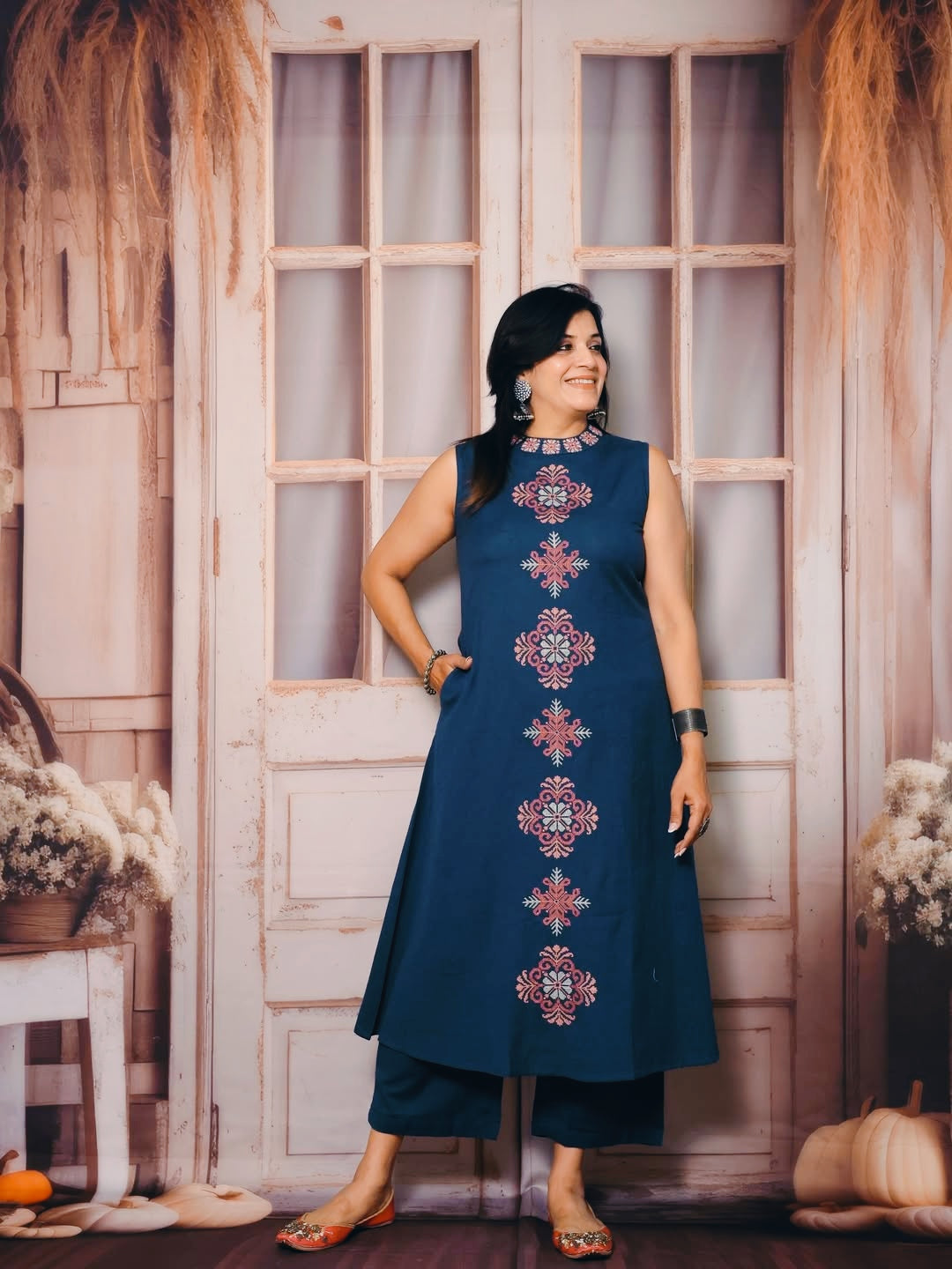 Elegant Blue Embroidered Cotton Slub Co-ord Set