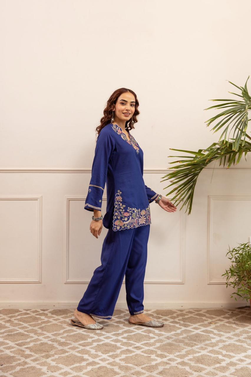Royal Indigo Scalloped Floral Embroidered Co-ord Set