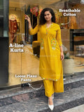 Premium Mustard Yellow Floral Embroidered Cotton Kurti for Women | Elegant Ethnic Daily Wear