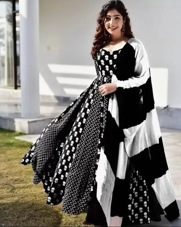 Black Premium Rayon Printed Long Anarkali Kurta Gown, Pant & Dupatta Set