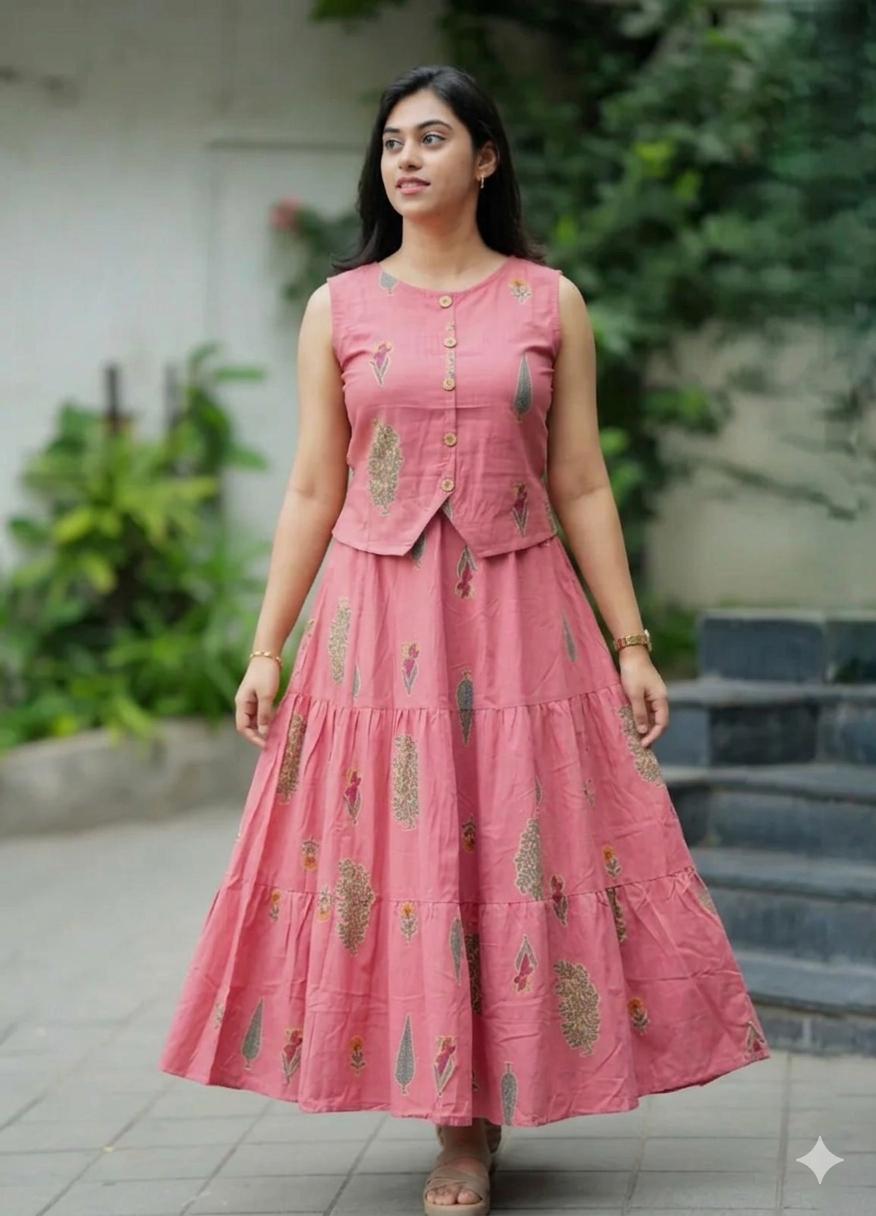 Women’s Rose Pink Tiered Cotton Maxi Dress | Elegant Summer Ethnic Wear
