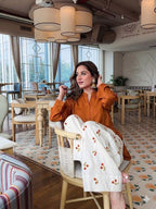 Elegant brown V-Neck Kurti with Embroidered Cotton Farshi Pant Set for Women