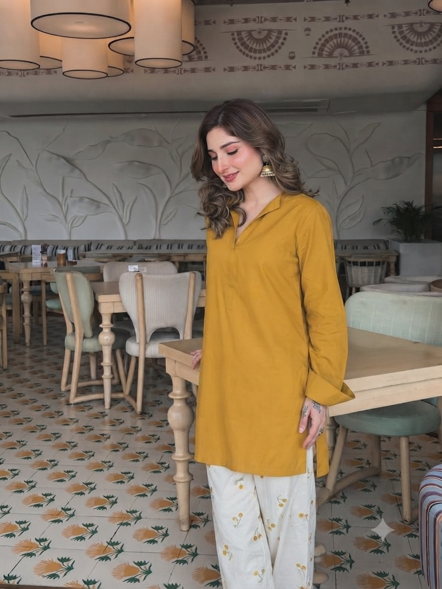 Elegant Yellow V-Neck Kurti with Embroidered Cotton Farshi Pant Set for Women