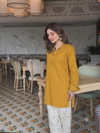 Elegant Yellow V-Neck Kurti with Embroidered Cotton Farshi Pant Set for Women