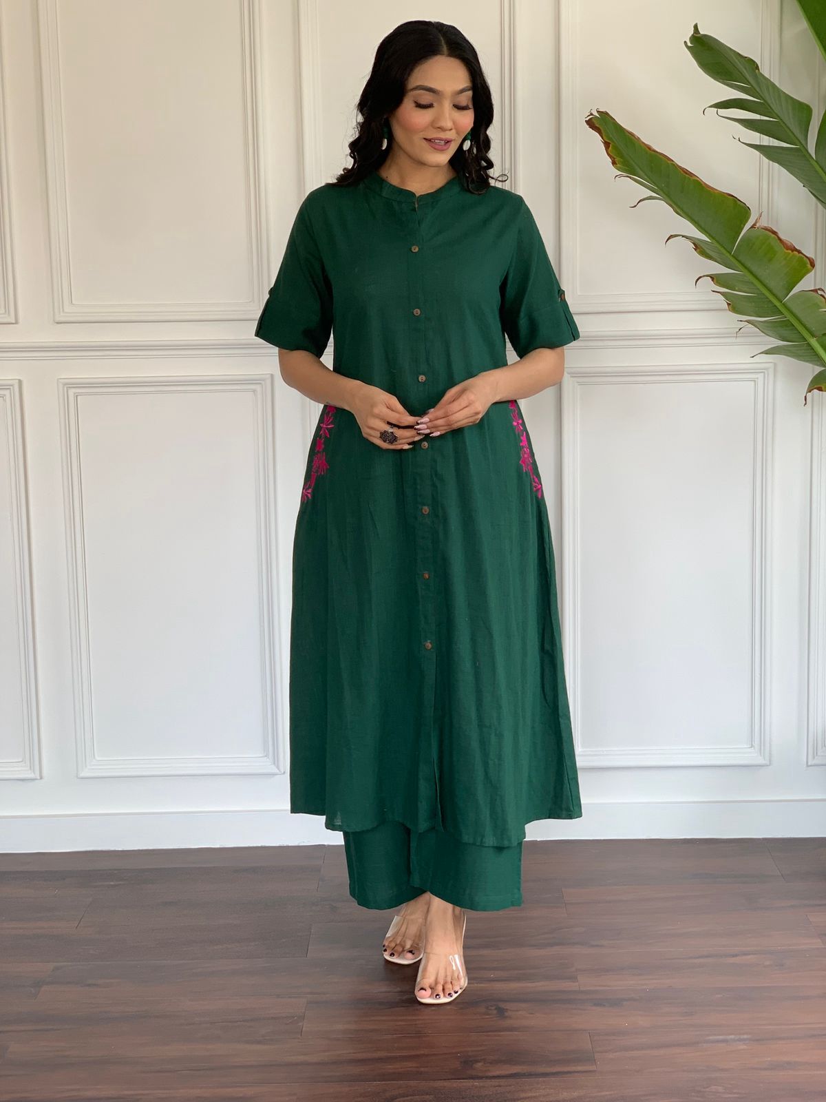 Premium Forest Green Hand-Embroidered Cotton Slub A-Line Co-ord Set