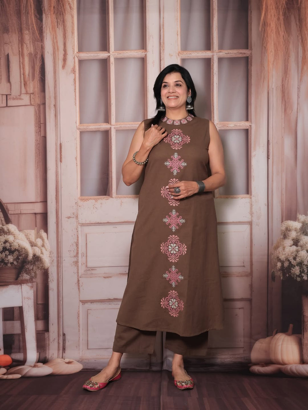 Elegant Coffee Brown Embroidered Cotton Slub Co-ord Set