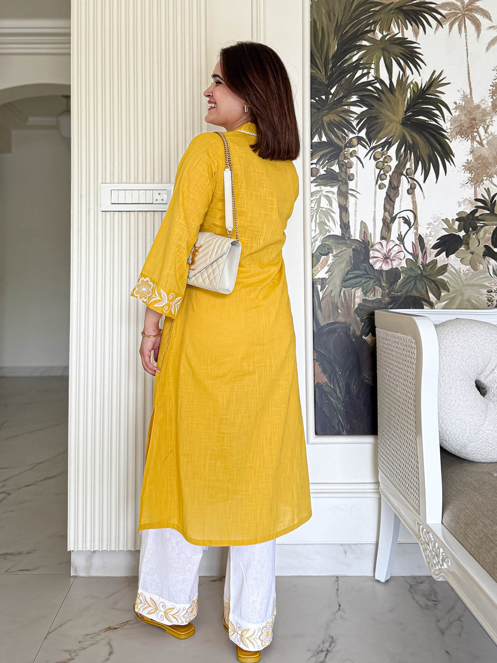 Mustard Yellow Textured Kurta with Embroidered Cuffs