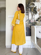 Mustard Yellow Textured Kurta with Embroidered Cuffs