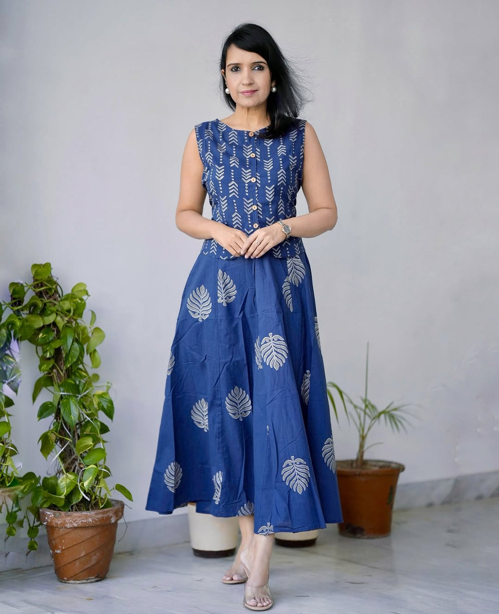 Women’s Indigo Leaf Print Cotton Maxi Dress | Casual Summer Ethnic Wear