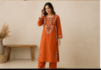 Women’s Rust Orange Embroidered Cotton Kurta Pant Set | Elegant Ethnic Wear