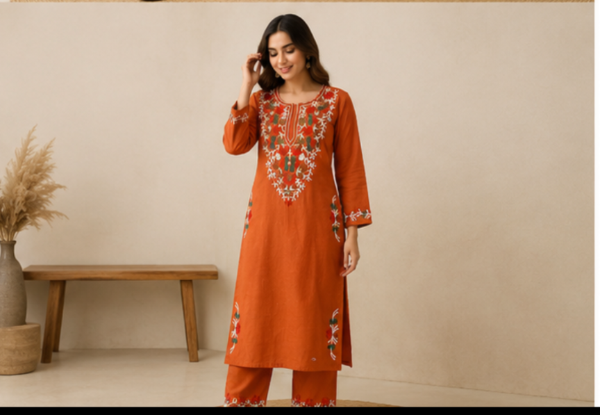 Women’s Rust Orange Embroidered Cotton Kurta Pant Set | Elegant Ethnic Wear