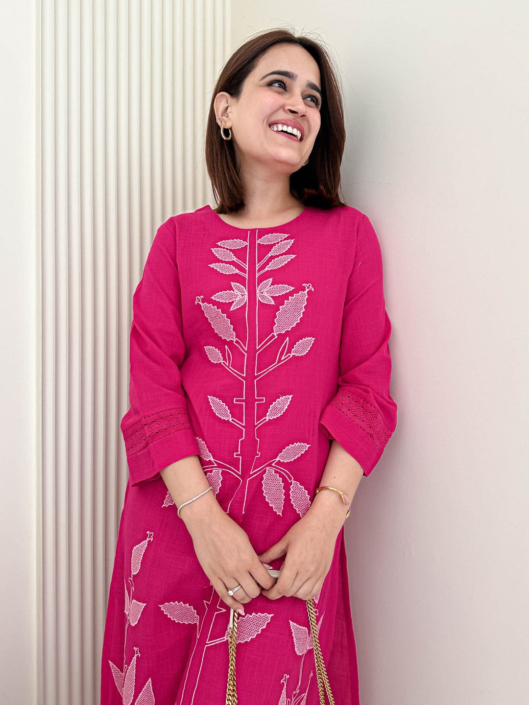 Stylish Hot Pink Embroidered Kurti Pant Set