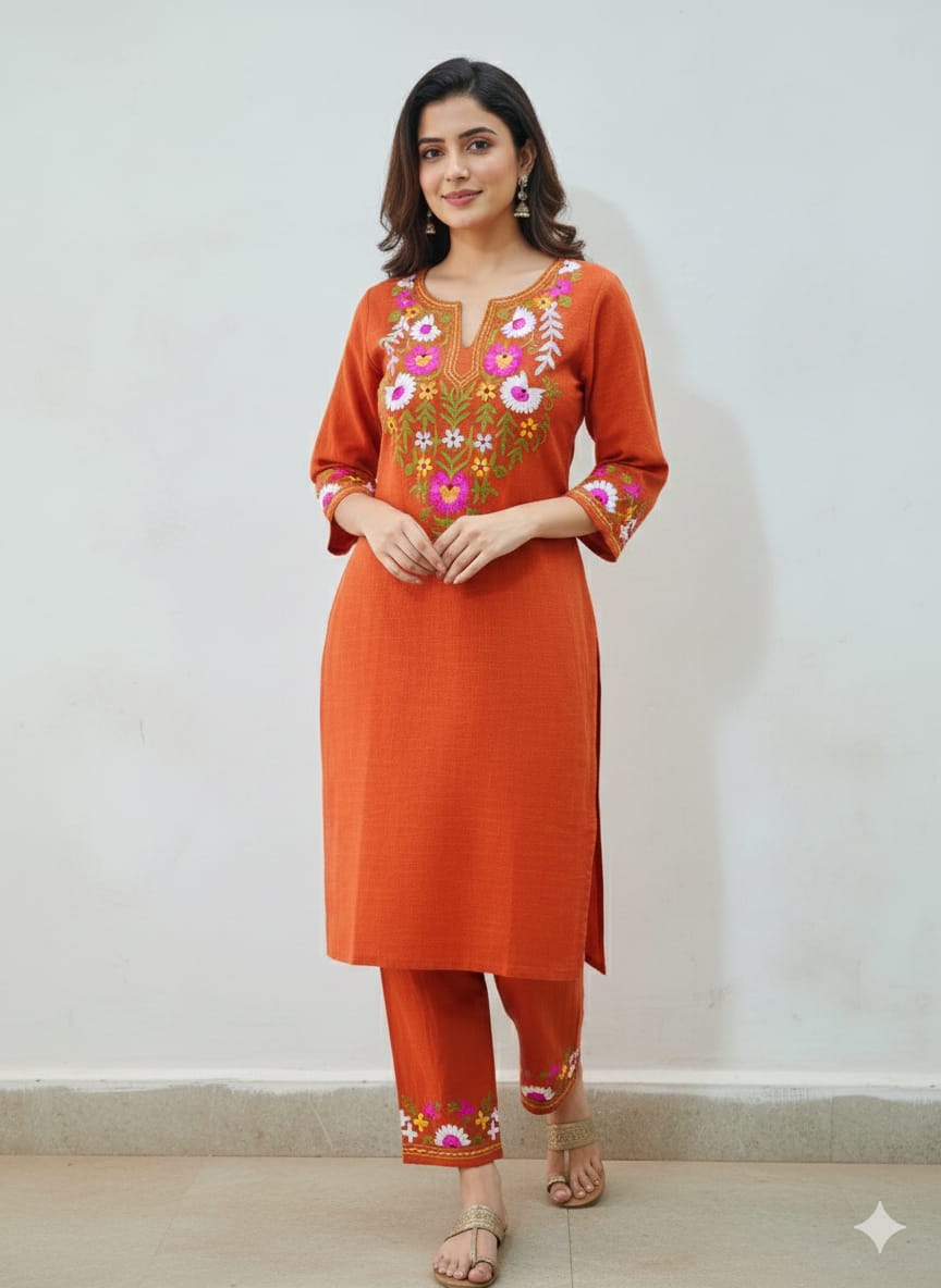 Elegant Rust Orange Floral Embroidered Kurti Pant Set