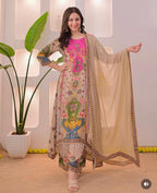 Noori Anarkali Premium Muslin Blend Palazzo Set with Double-Shade Dupatta & Complimentary Pearl Mala