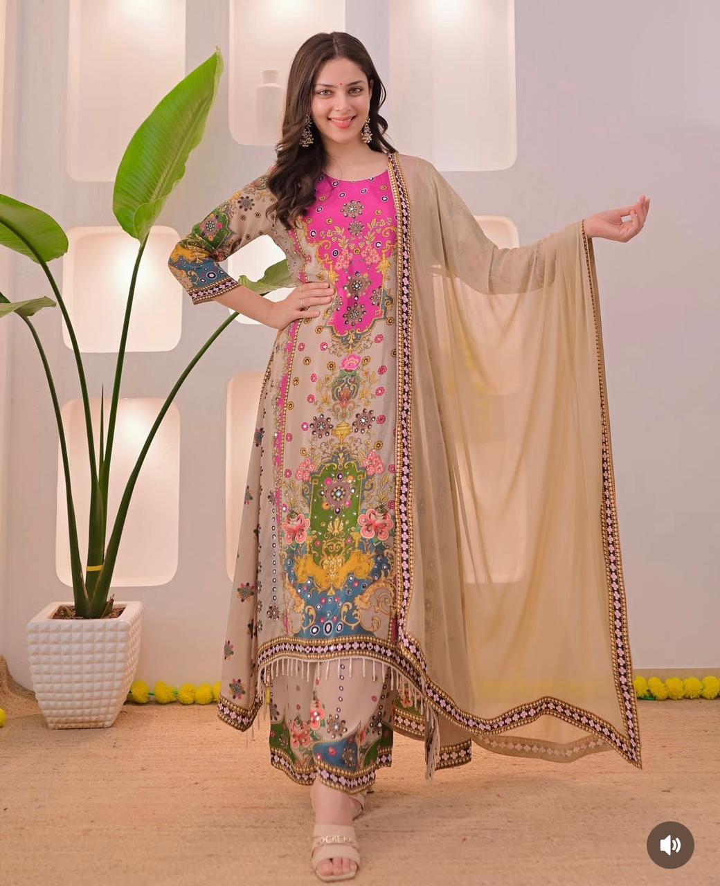 Noori Anarkali Premium Muslin Blend Palazzo Set with Double-Shade Dupatta & Complimentary Pearl Mala