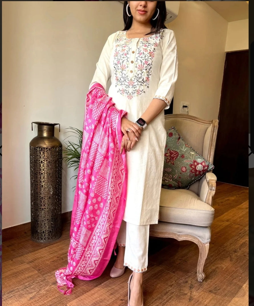 Embroidered Khadi Cotton Kurta Set