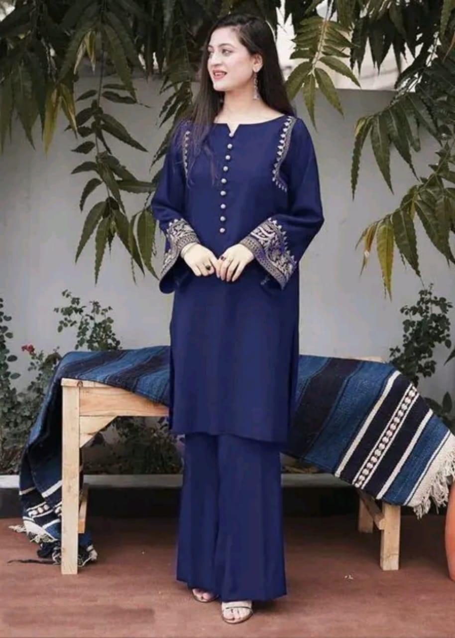 Women’s Blue Embroidered Cotton Kurta Palazzo Set | Elegant Ethnic Wear