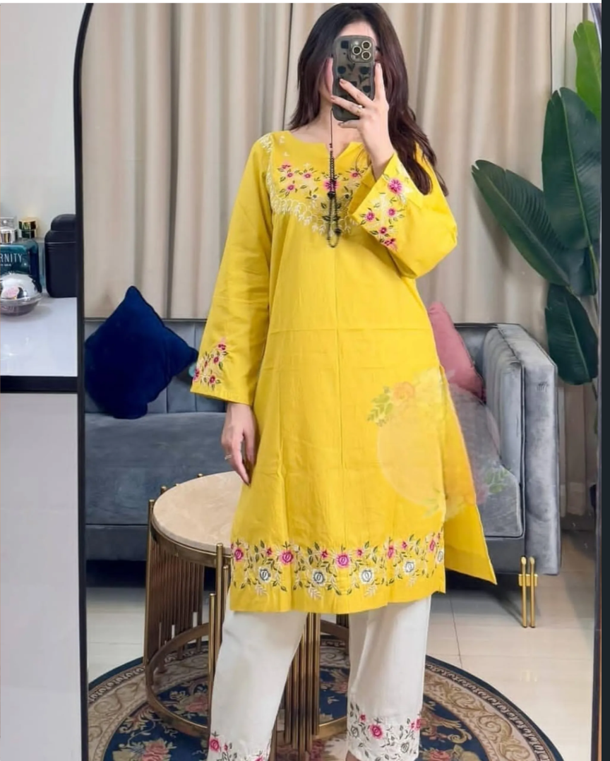 Women’s Sunshine Yellow Embroidered Cotton Kurta Pant Set | Elegant Ethnic Wear