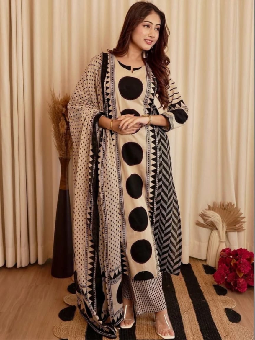 Women's Pure Cotton Abstract Printed Mirror Work kurta & Pant with Dupatta Set | Cotton Kurta Set For Woman
