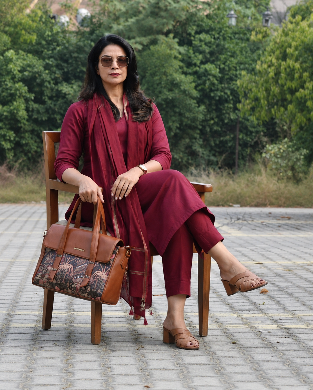 Maroon Solid Co-ord Set with Zari-Border Dupatta