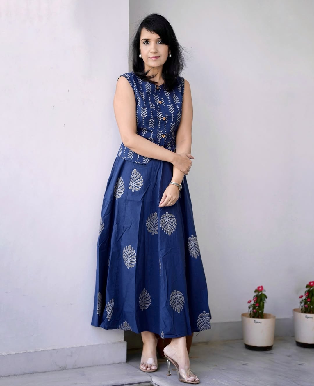 Women’s Indigo Leaf Print Cotton Maxi Dress | Casual Summer Ethnic Wear
