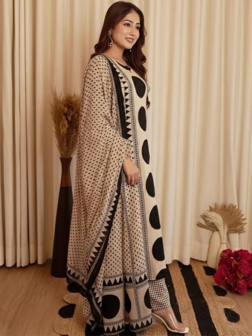 Women's Pure Cotton Abstract Printed Mirror Work kurta & Pant with Dupatta Set | Cotton Kurta Set For Woman