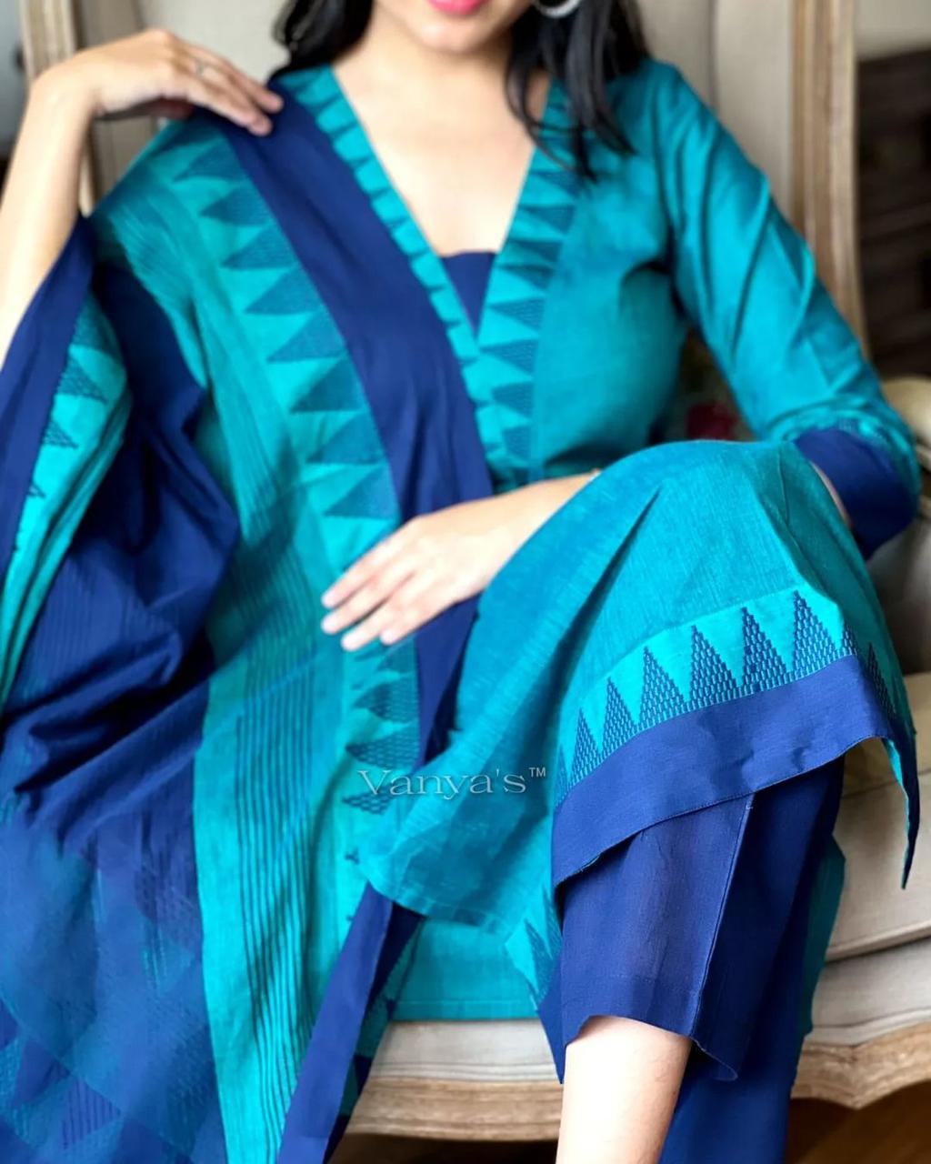 Premium Teal Blue Cotton Kurta Pant Dupatta Set for Women | Elegant Ethnic Wear Co-ord Set