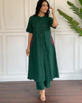 Premium Forest Green Hand-Embroidered Cotton Slub A-Line Co-ord Set
