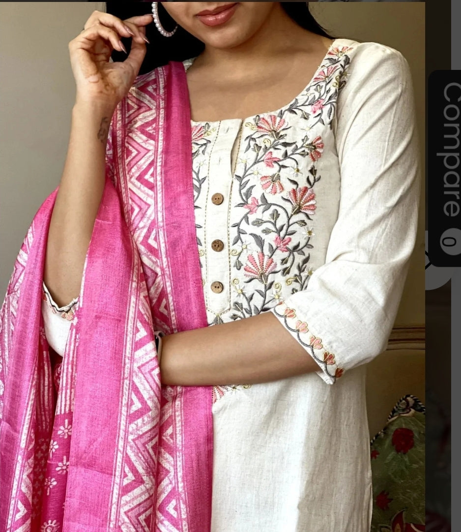 Embroidered Khadi Cotton Kurta Set