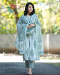 Women's Pure Cotton Aaliya Cut Frock Style Kurta, Pant and Malmal Dupatta Set