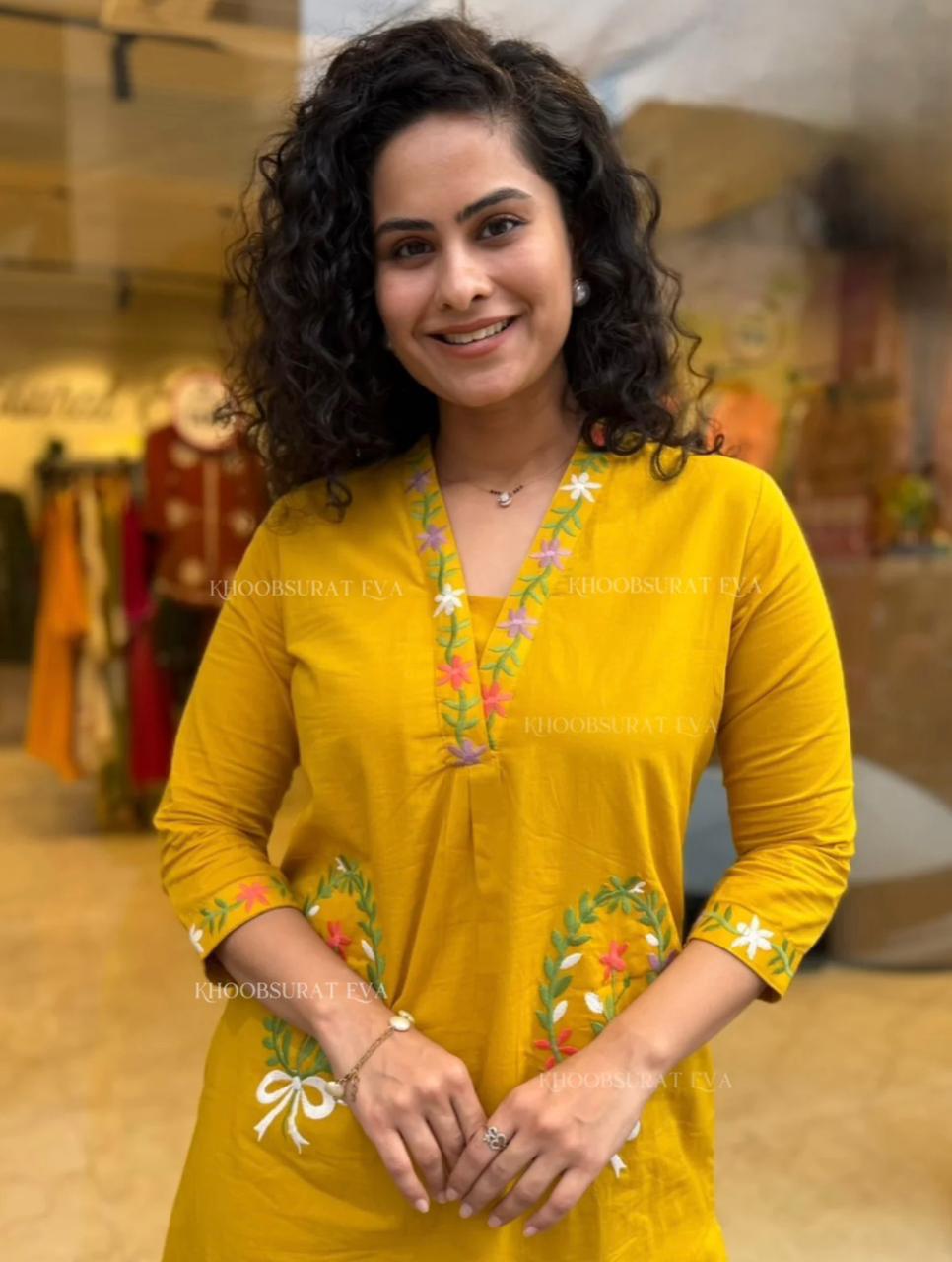 Premium Mustard Yellow Floral Embroidered Cotton Kurti for Women | Elegant Ethnic Daily Wear