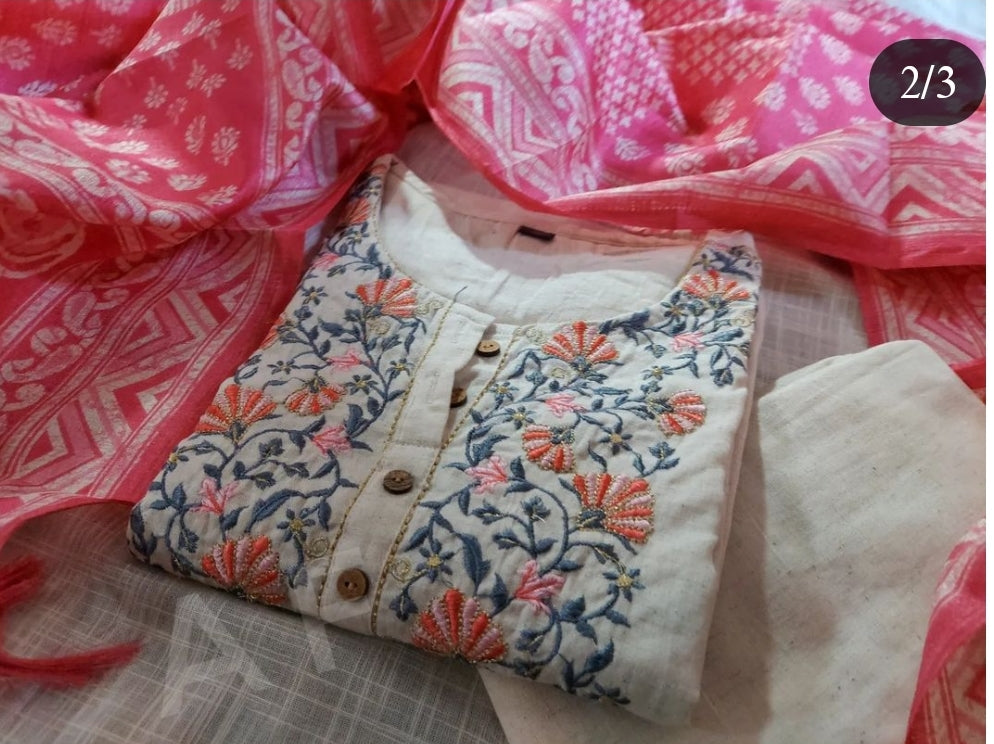 Embroidered Khadi Cotton Kurta Set