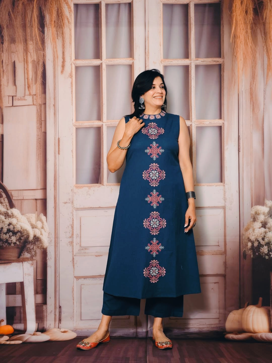 Elegant Blue Embroidered Cotton Slub Co-ord Set