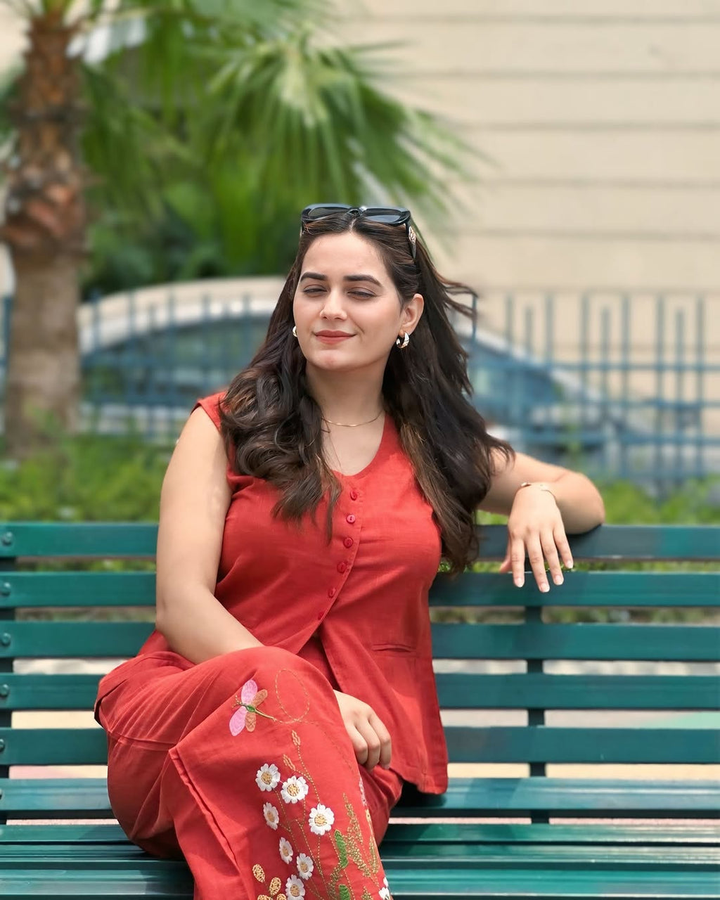 Rust Elegant Floral Embroidered Co-Ord Set for Women | Sleeveless Top & Wide Leg Pants