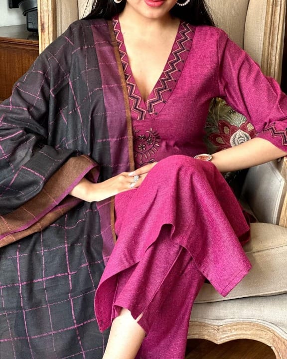 Premium Handloom Khadi Cotton Embroidered Suit Set with Dupatta