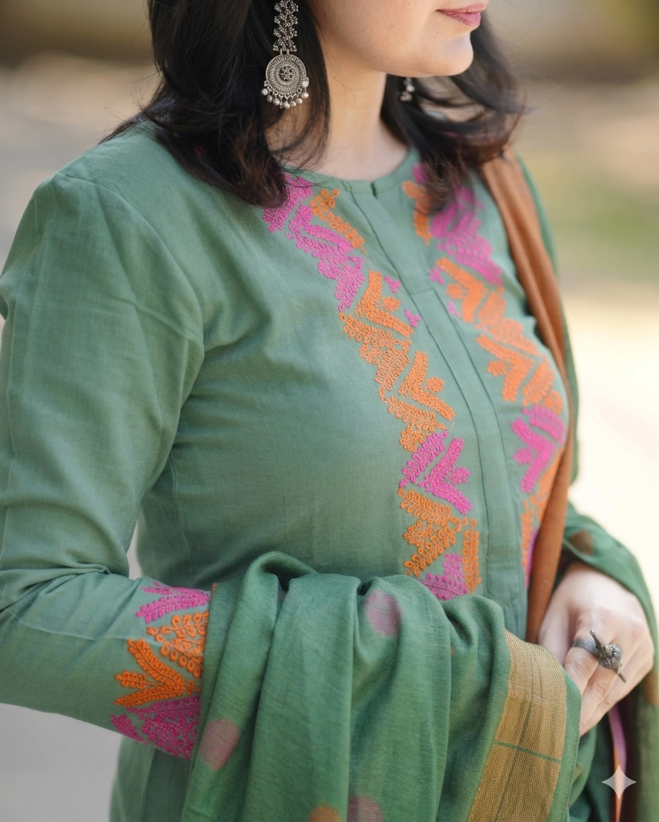 Elegant Handloom South Cotton Kurta Pant Dupatta Set for Women | Premium Ethnic Wear in Olive Green