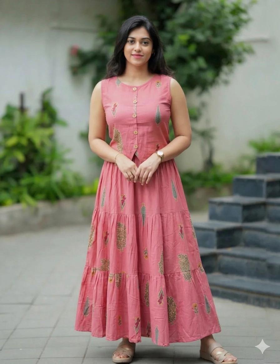 Women’s Rose Pink Tiered Cotton Maxi Dress | Elegant Summer Ethnic Wear