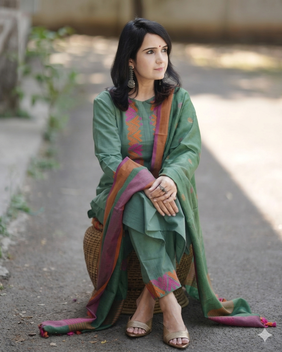 Elegant Handloom South Cotton Kurta Pant Dupatta Set for Women | Premium Ethnic Wear in Olive Green