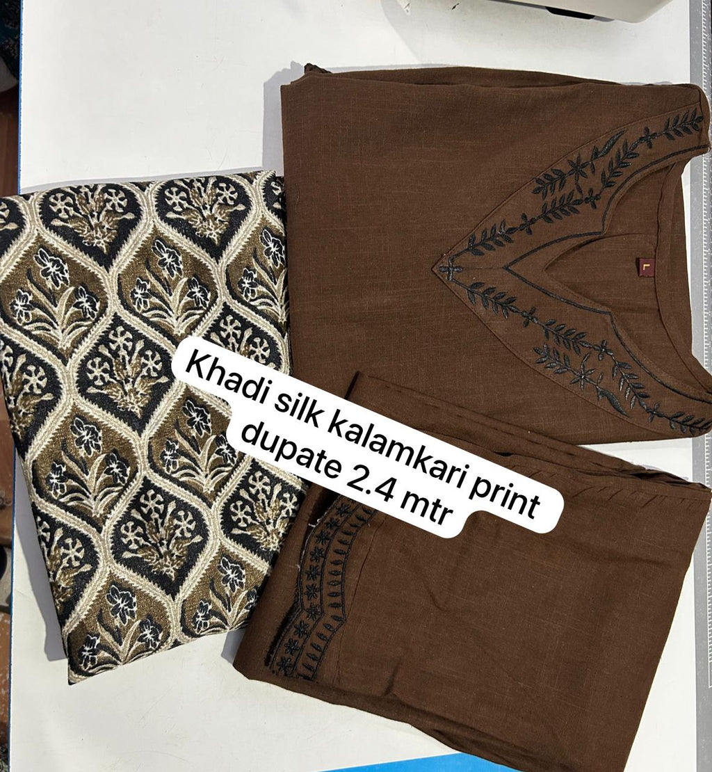 Premium Khadi Silk Kalamkari Printed Dress Material for Women | Embroidered Kurta with Dupatta Set