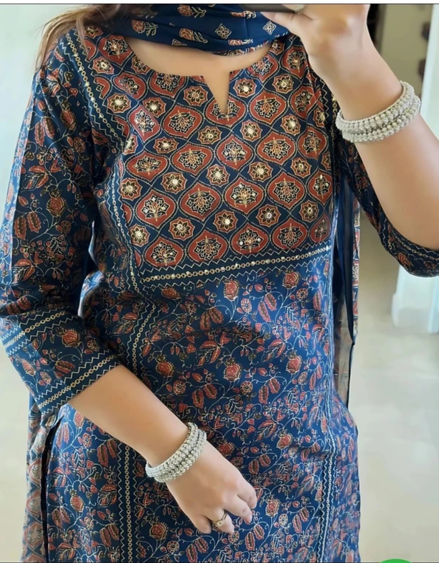 Pure Cotton Ajrakh Printed Kurti Pant Dupatta Set 💙