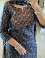 Pure Cotton Ajrakh Printed Kurti Pant Dupatta Set 💙