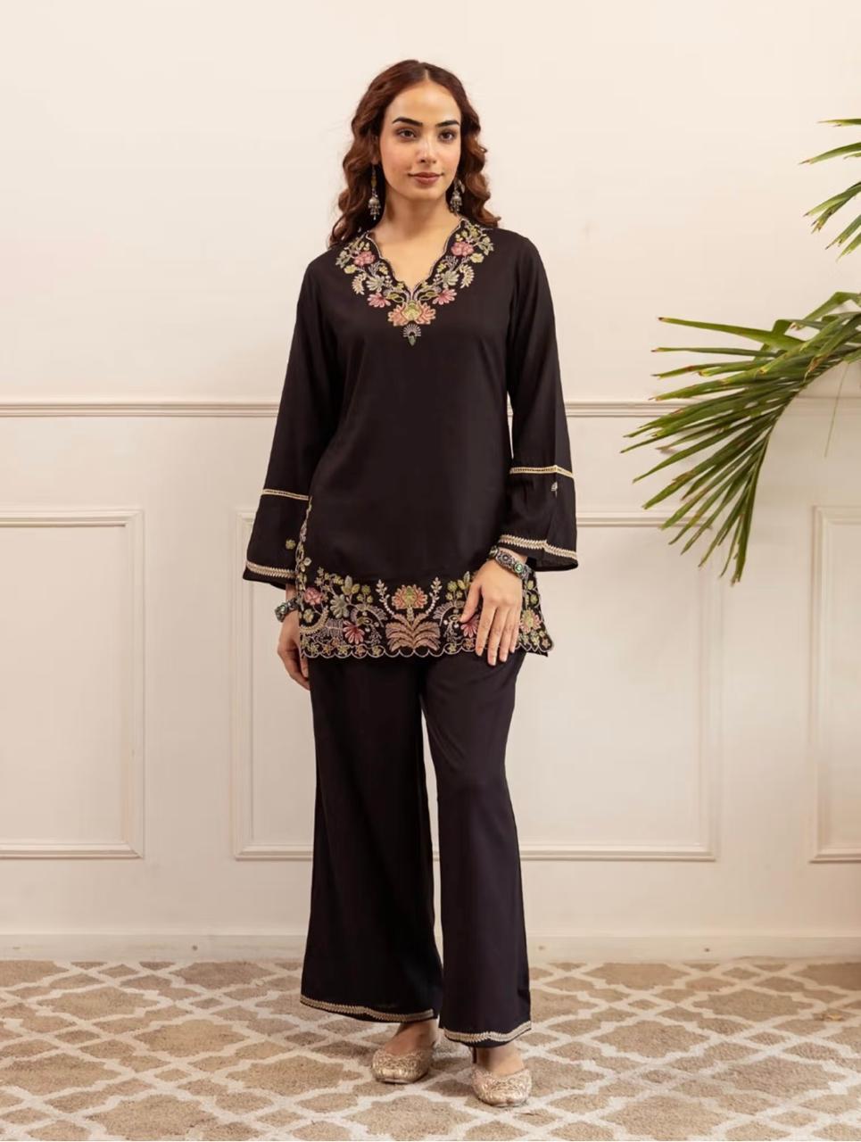 Black Scalloped Floral Embroidered Co-ord Set