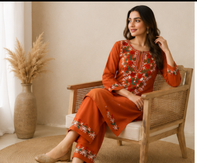 Women’s Rust Orange Embroidered Cotton Kurta Pant Set | Elegant Ethnic Wear