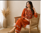 Women’s Rust Orange Embroidered Cotton Kurta Pant Set | Elegant Ethnic Wear