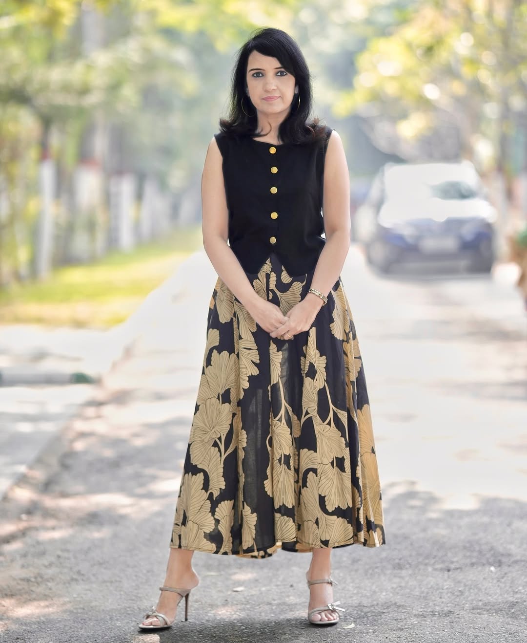 Black Women's Premium Cotton Sleeveless Top and Skirt Set | Floral Block Printed 2-Piece Co-Ord Dress