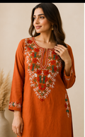 Women’s Rust Orange Embroidered Cotton Kurta Pant Set | Elegant Ethnic Wear