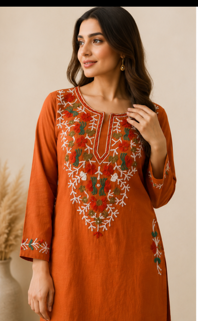 Women’s Rust Orange Embroidered Cotton Kurta Pant Set | Elegant Ethnic Wear