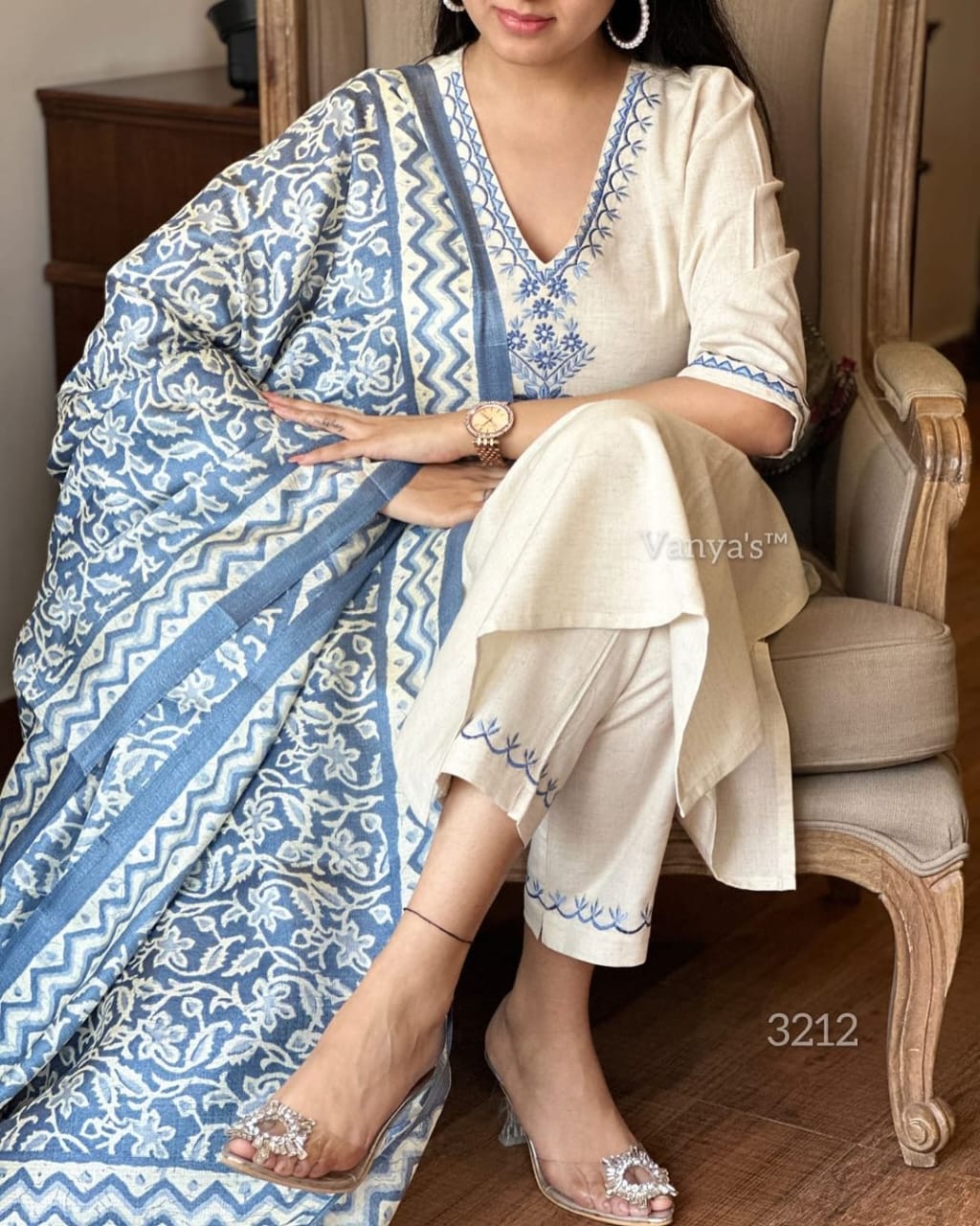 Off-White Cotton Kurta Set with Indigo Block Printed Dupatta
