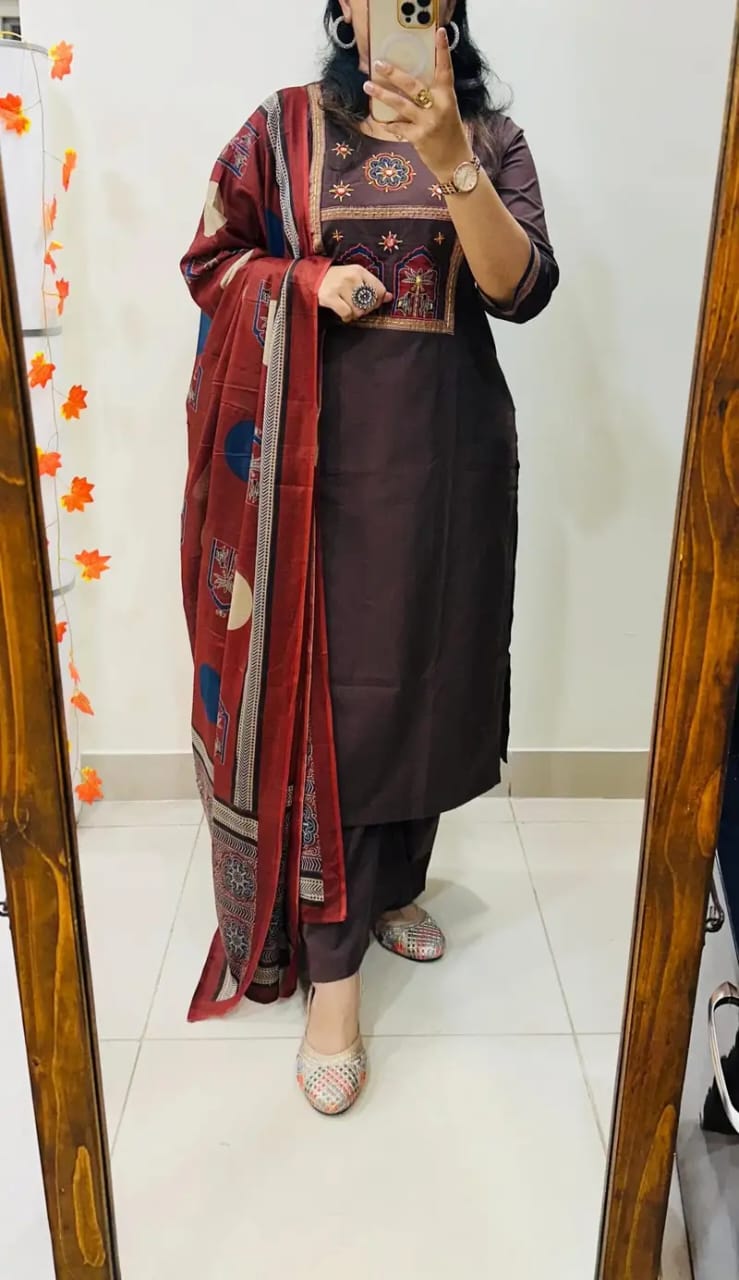 Elegant Brown Embroidered Kurta Set ✨
