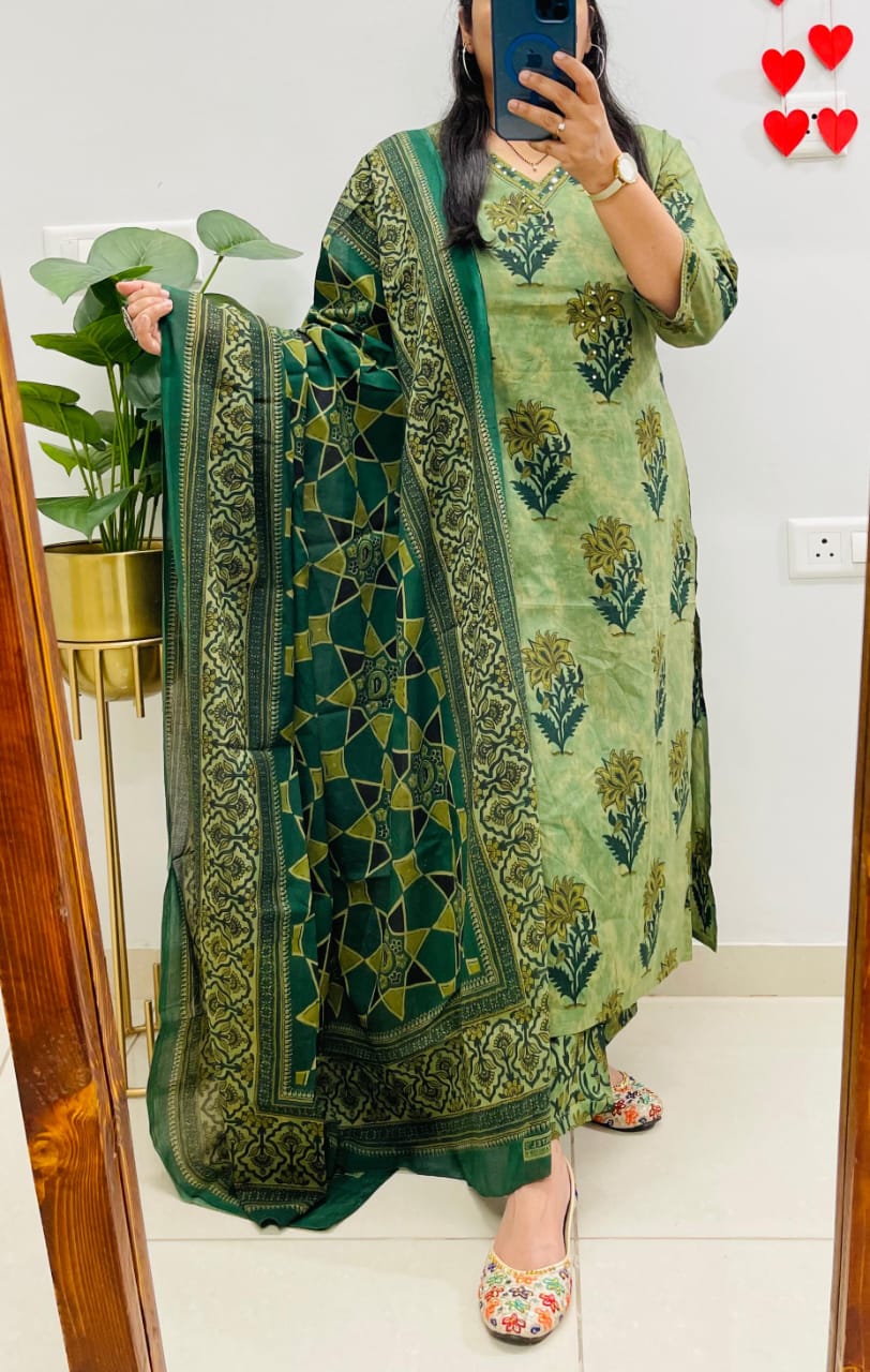 Women’s Mehendi Green Floral Printed Cotton Blend Kurta Dupatta Set | Ethnic Wear